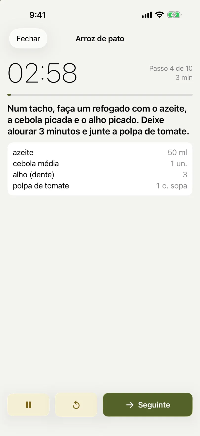 Modo de cozinha com contagem decrescente e o passo atual