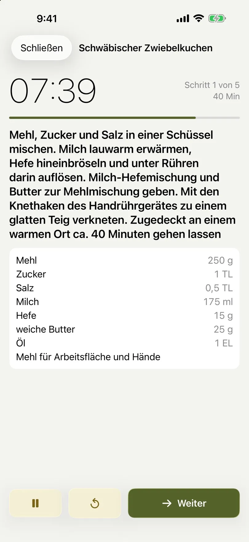 Kochmodus mit Countdown und aktuellem Schritt
