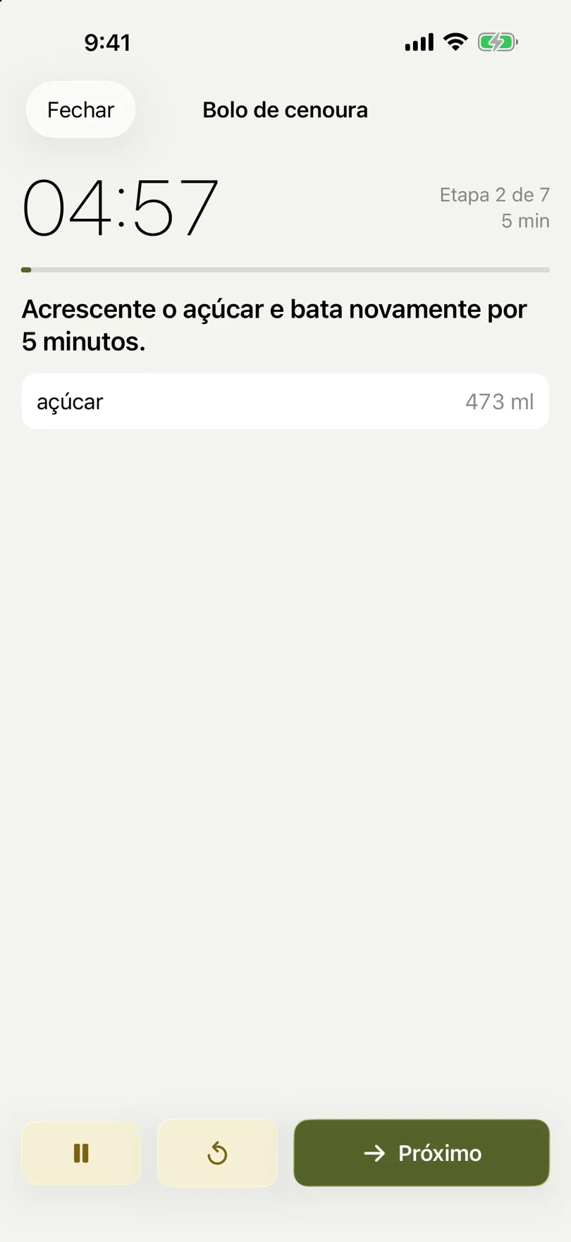 Modo de cozinhar com contagem regressiva e a etapa atual