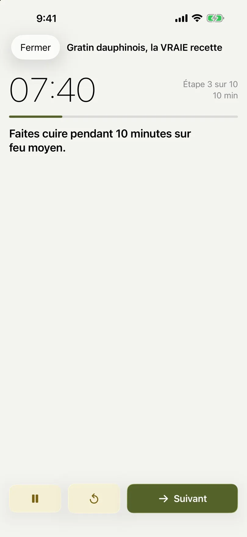 Mode cuisine avec compte à rebours et étape en cours