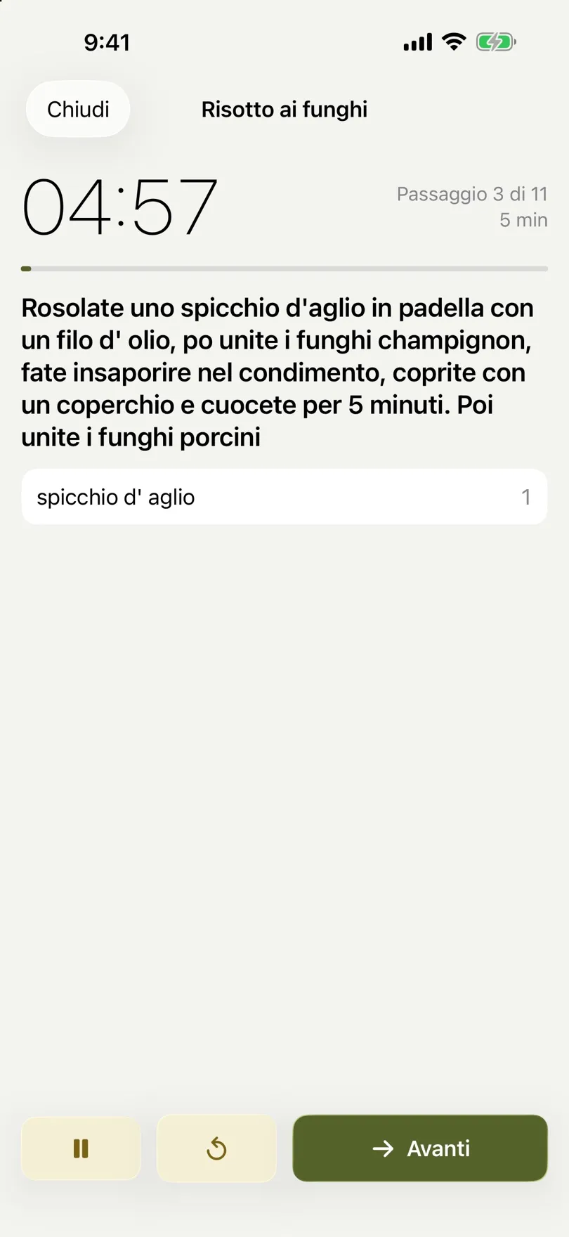 Modalità cucina con conto alla rovescia e passaggio corrente
