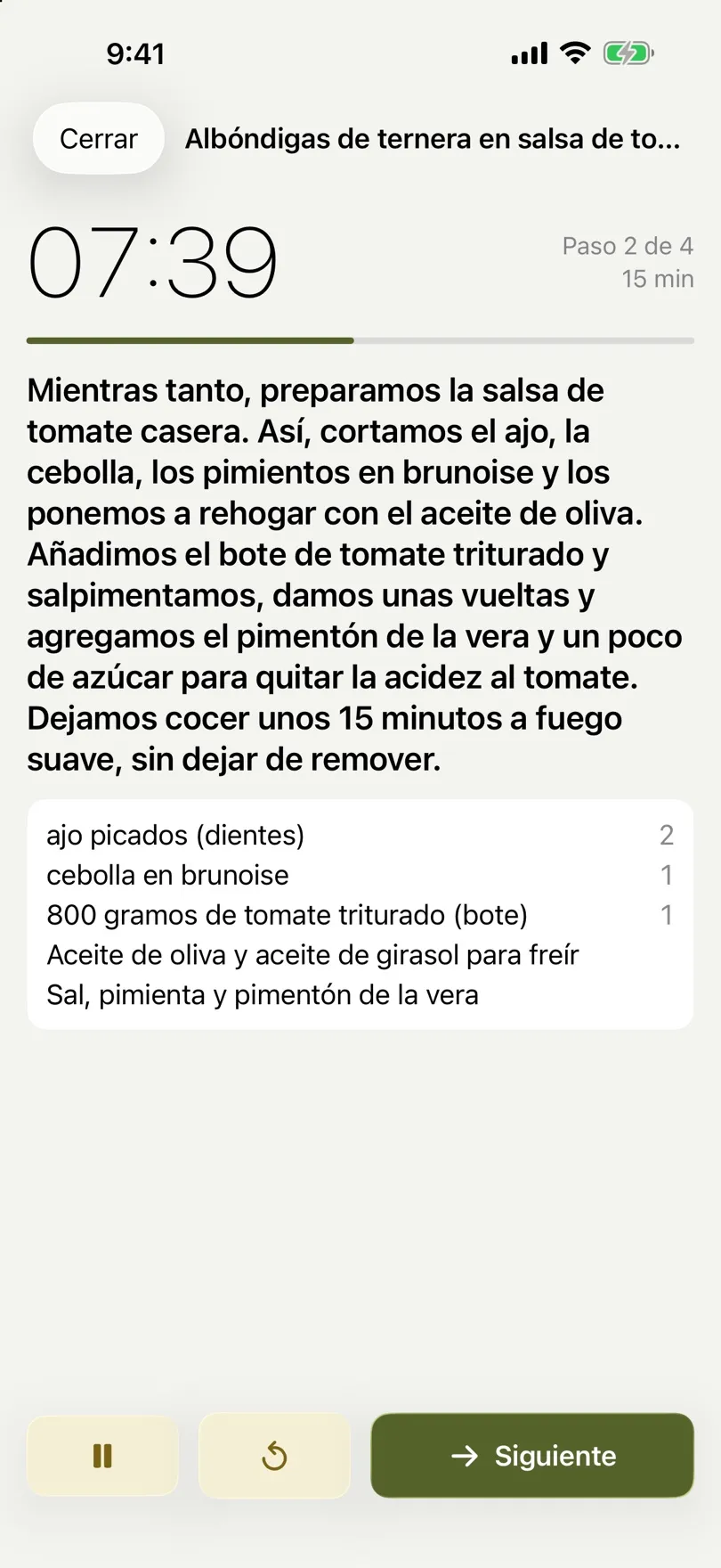 Modo cocina con cuenta atrás y el paso actual