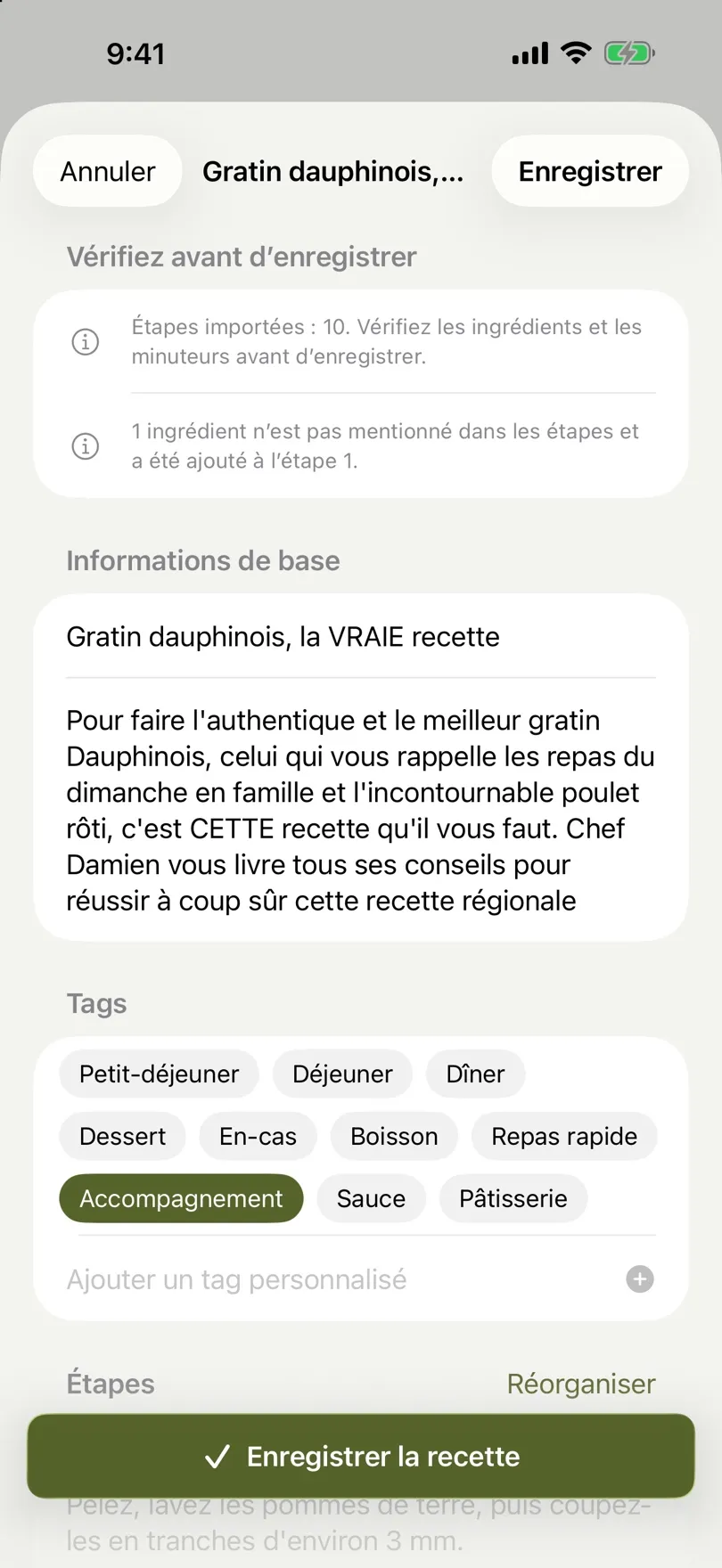Une recette de risotto aux champignons importée, prête à être vérifiée et enregistrée