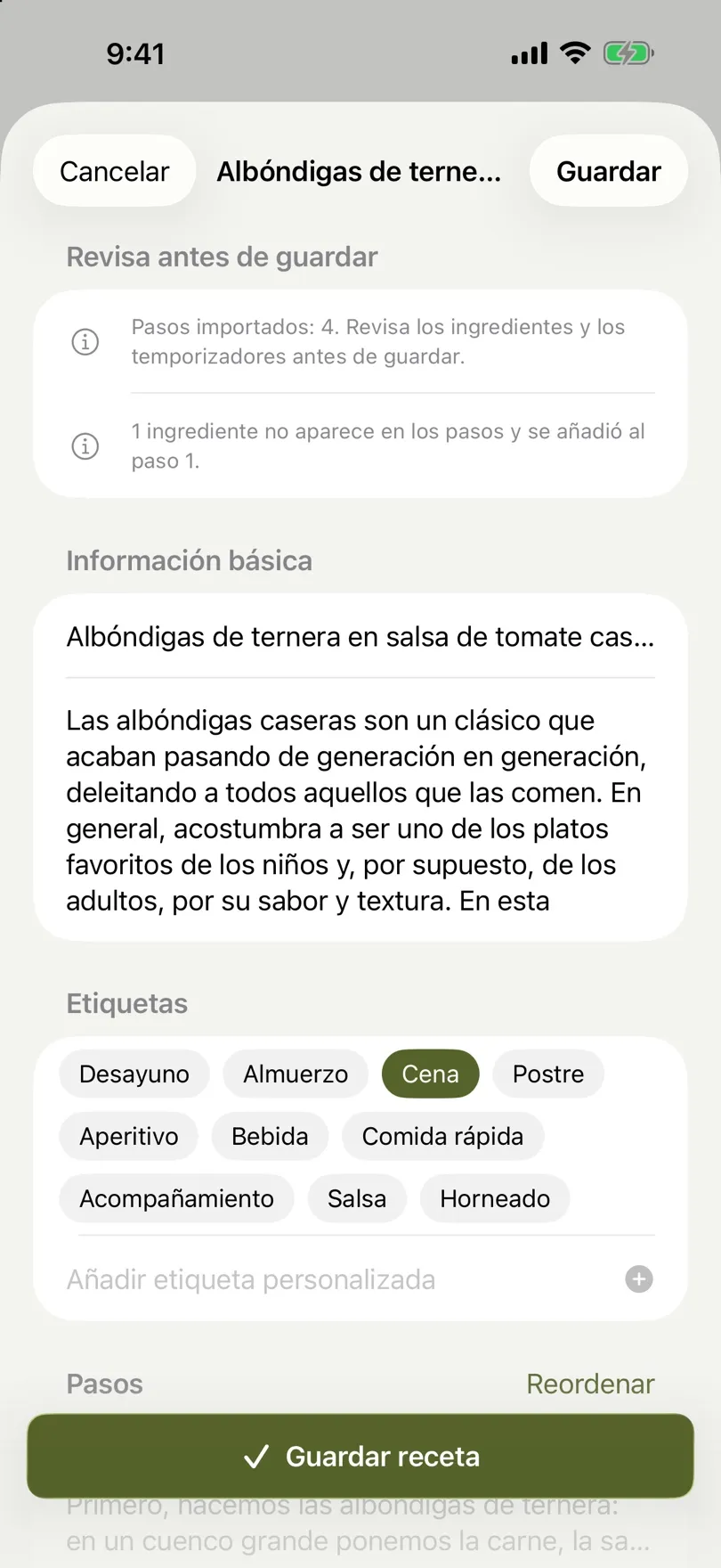 Una receta de risotto de setas importada, lista para revisar y guardar