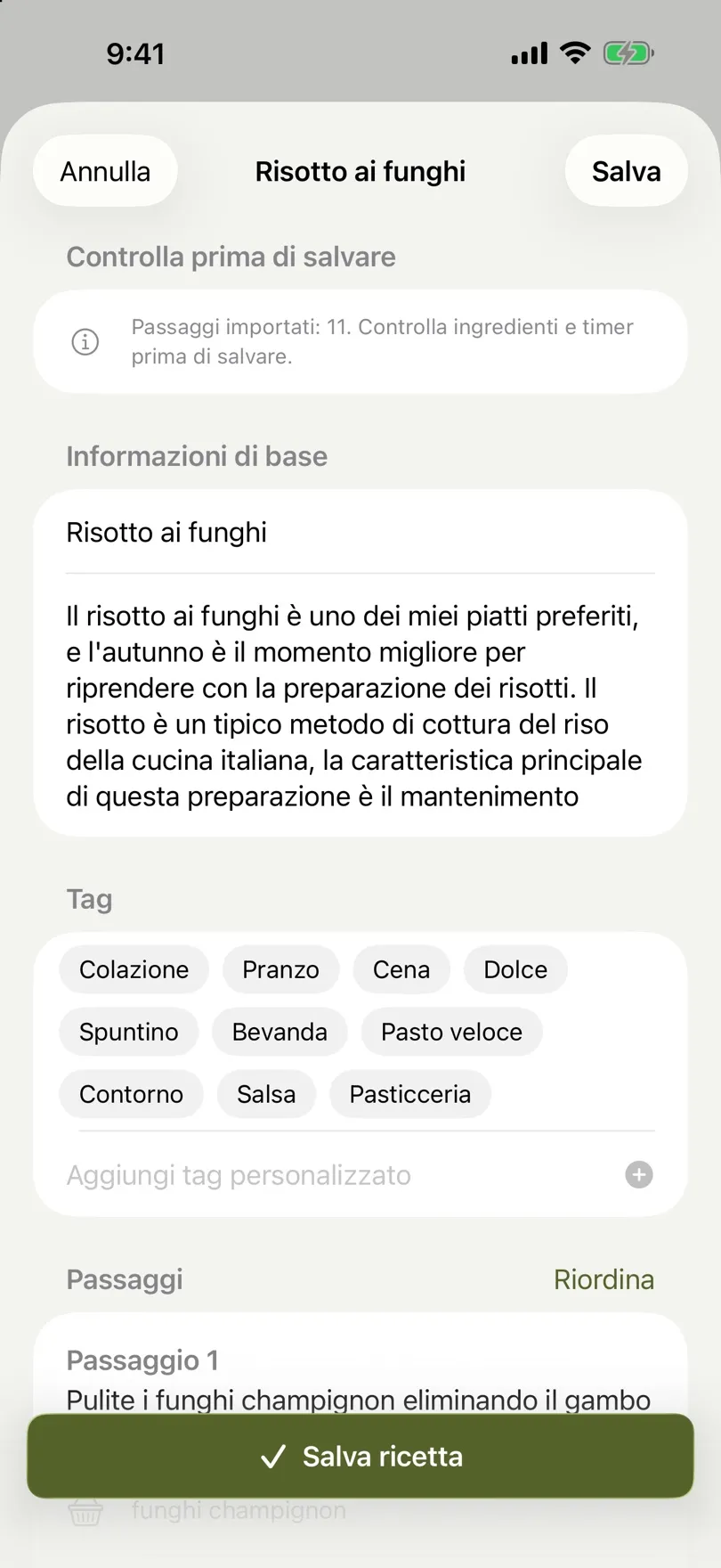 Una ricetta di risotto ai funghi importata, pronta da controllare e salvare