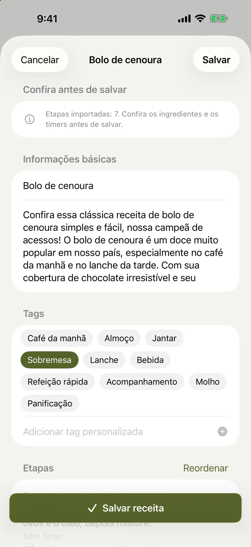 Uma receita de risoto de cogumelos importada, pronta para revisar e salvar