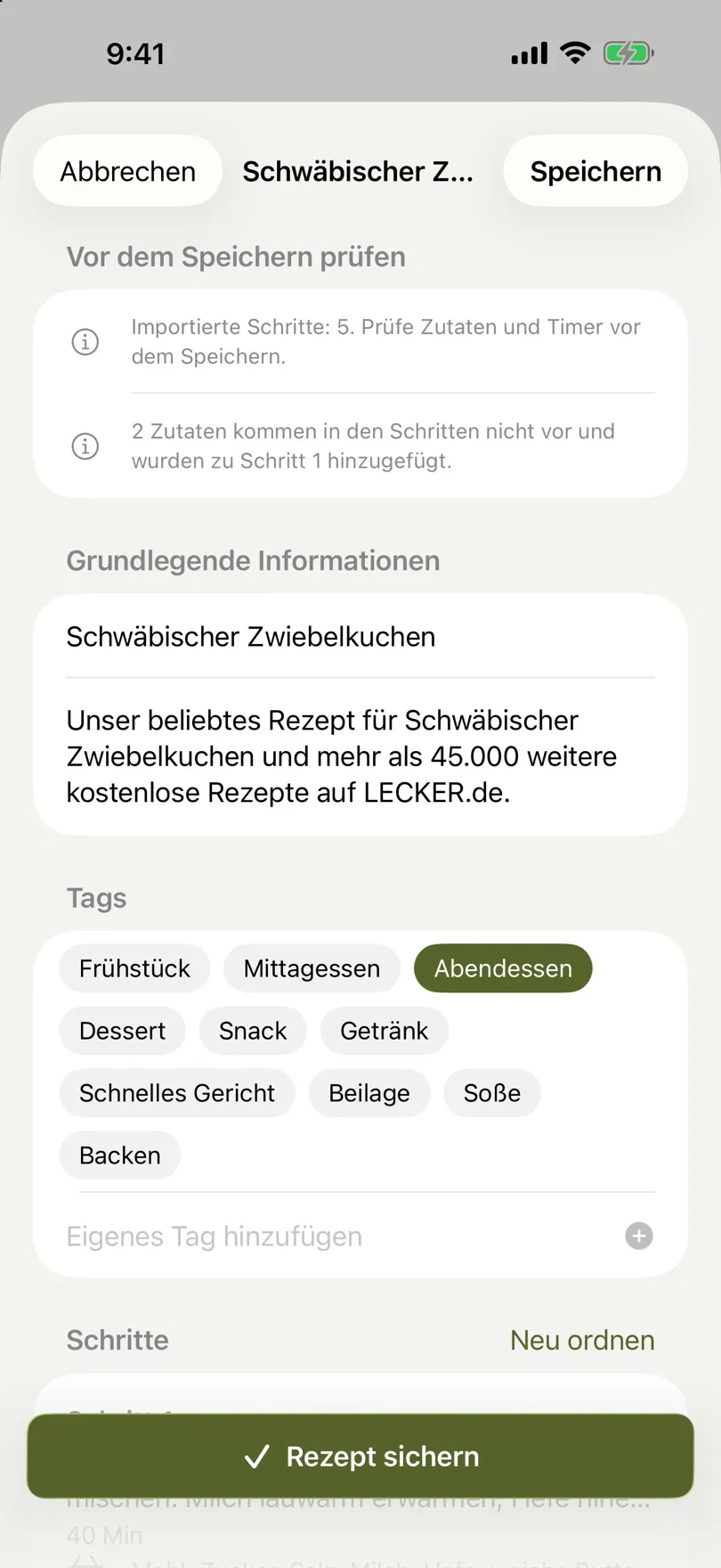 Ein importiertes Pilzrisotto-Rezept, bereit zum Prüfen und Speichern