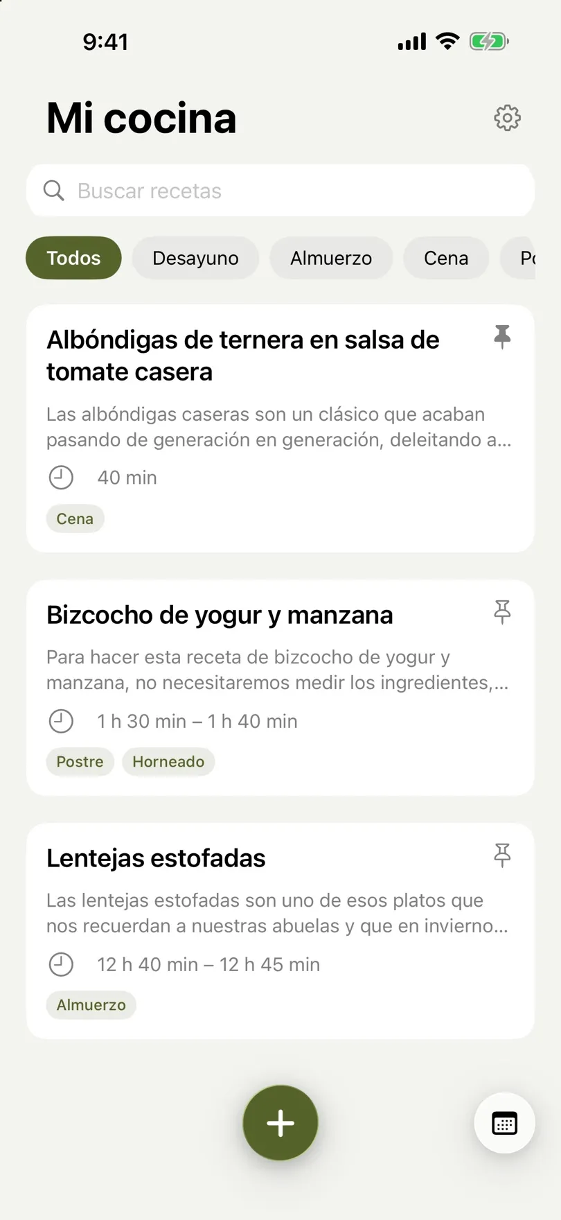 Lista de recetas con búsqueda y filtros por etiqueta