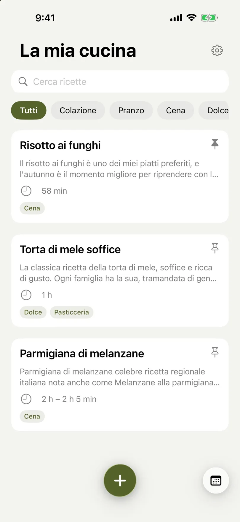 Elenco di ricette con ricerca e filtri per tag