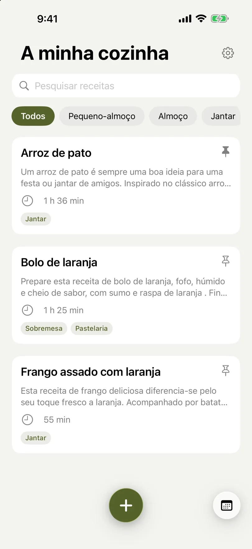 Lista de receitas com pesquisa e filtros por etiqueta