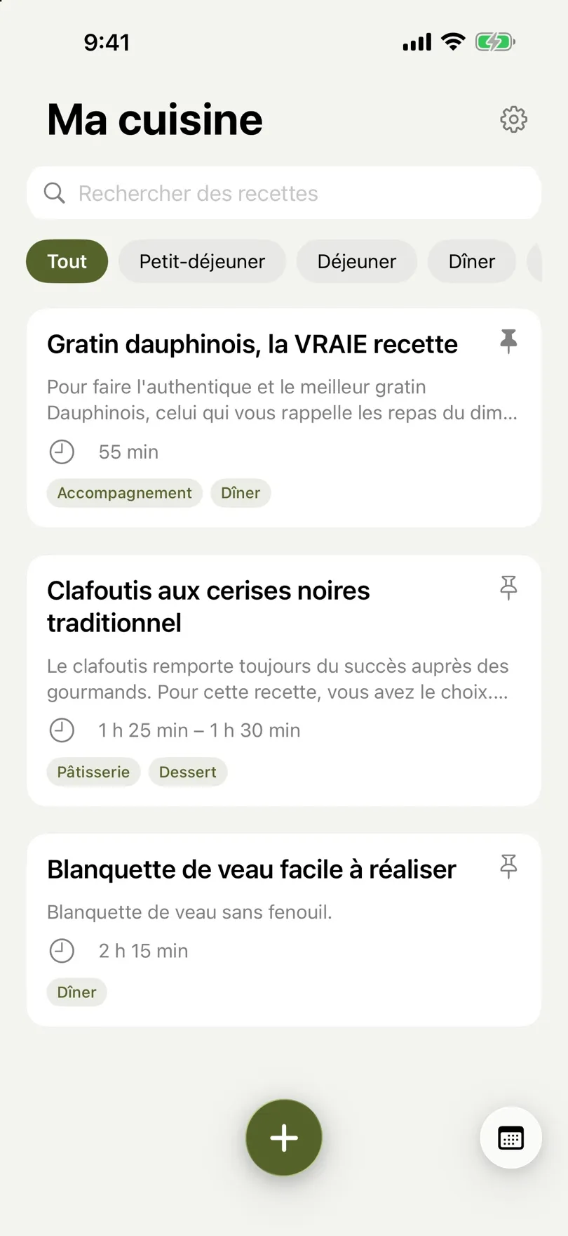 Liste de recettes avec recherche et filtres par tag