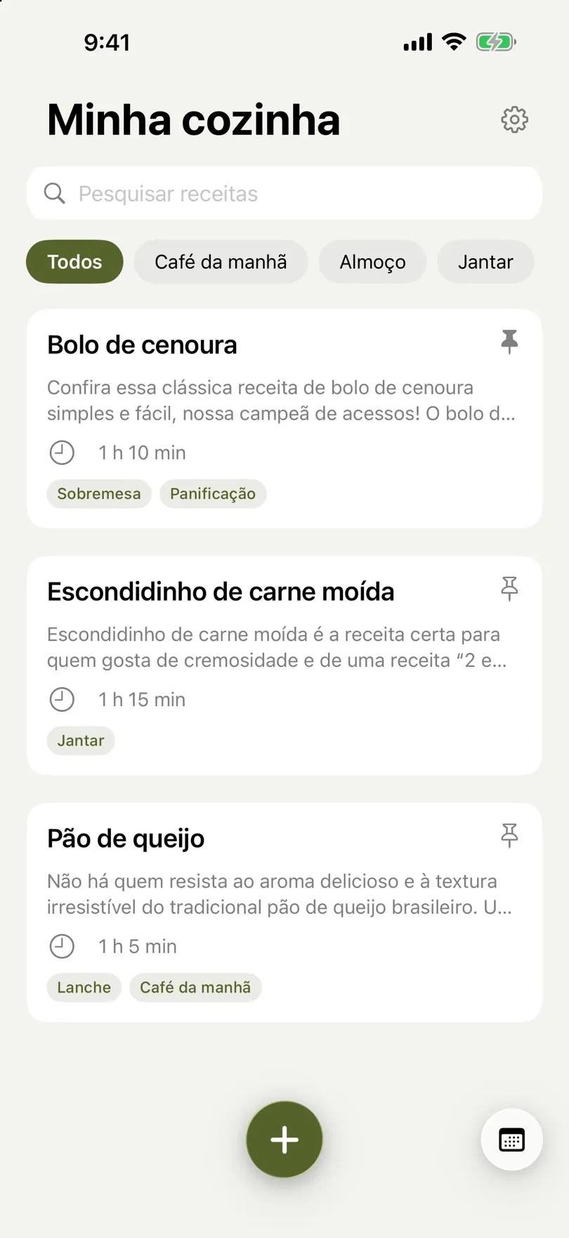 Lista de receitas com busca e filtros por tag