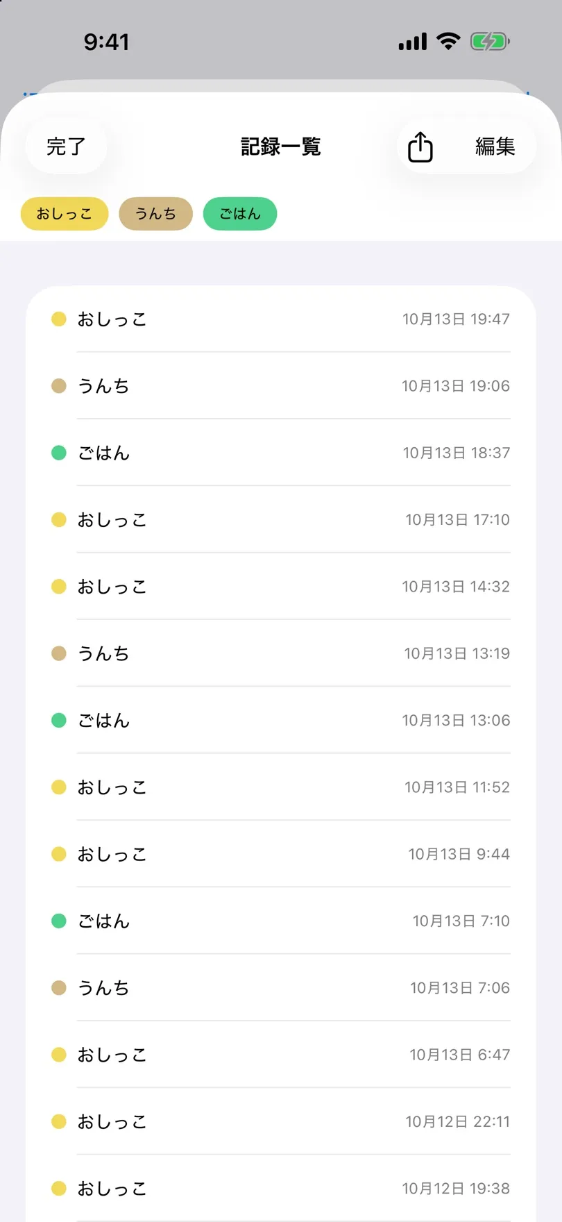 日付と時刻が並ぶ記録一覧