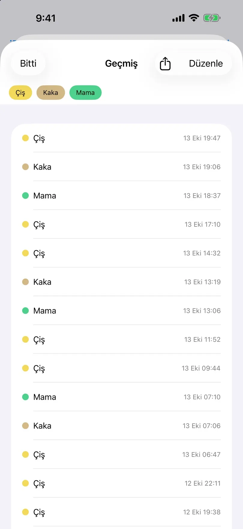 Tarih ve saatleriyle kayıt geçmişi