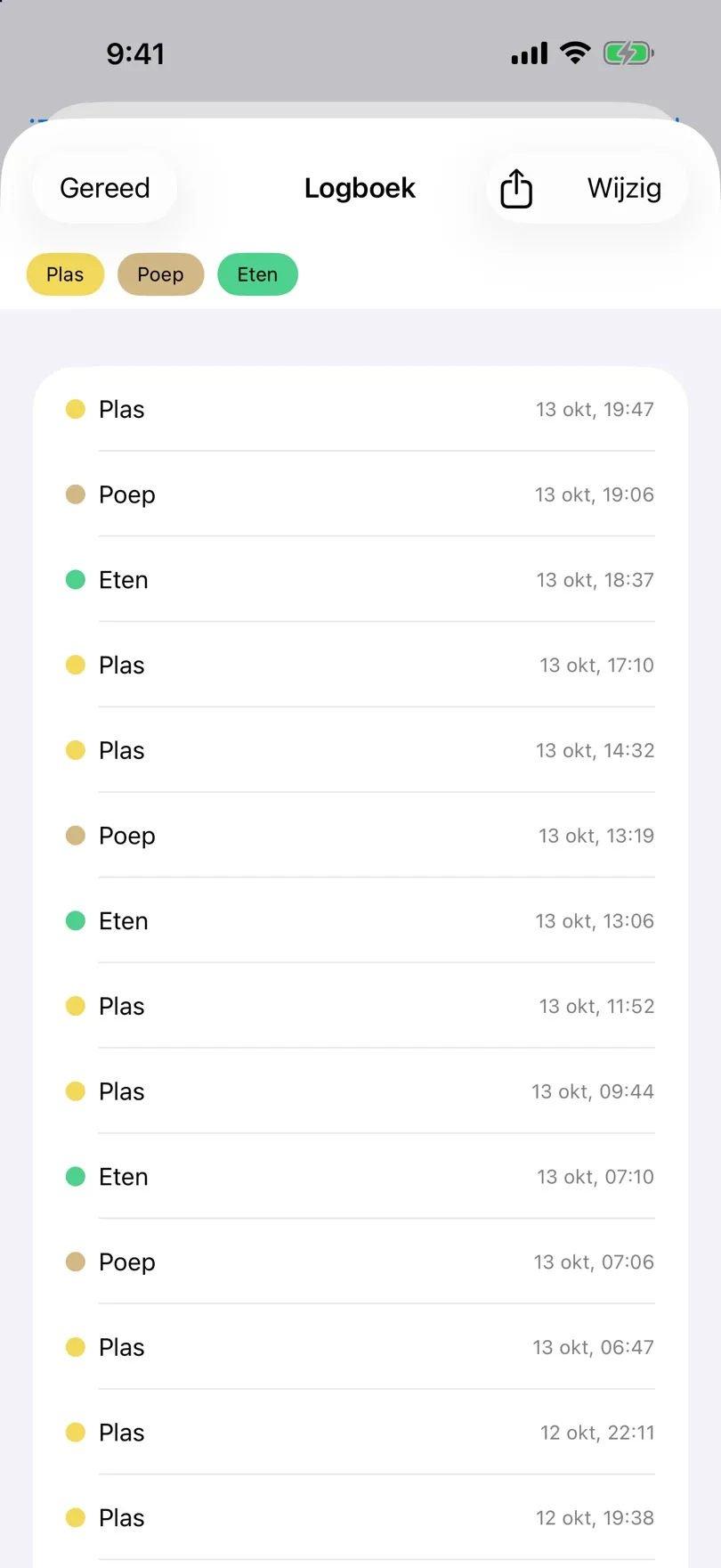 Logboek met registraties, datums en tijden