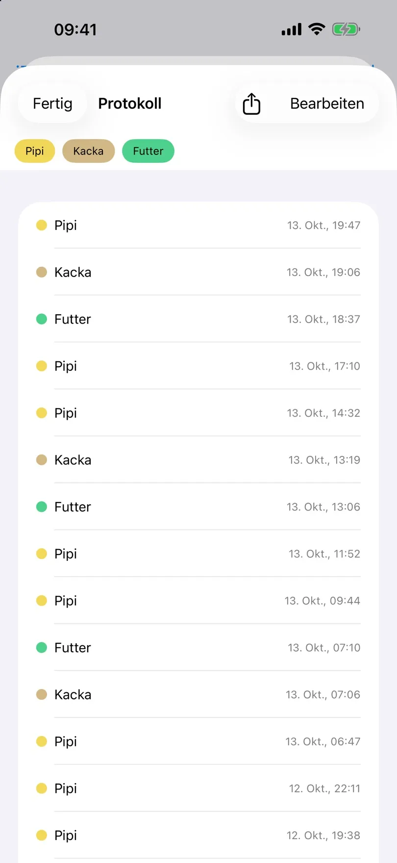 Protokoll mit Einträgen samt Datum und Uhrzeit