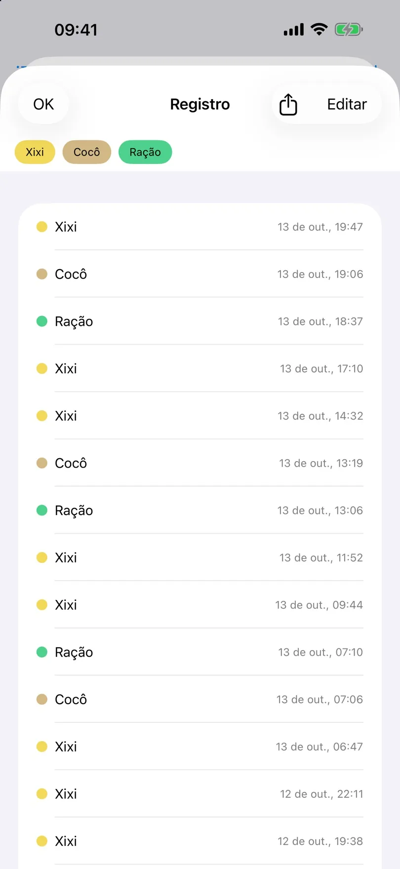 Registro de eventos com datas e horários