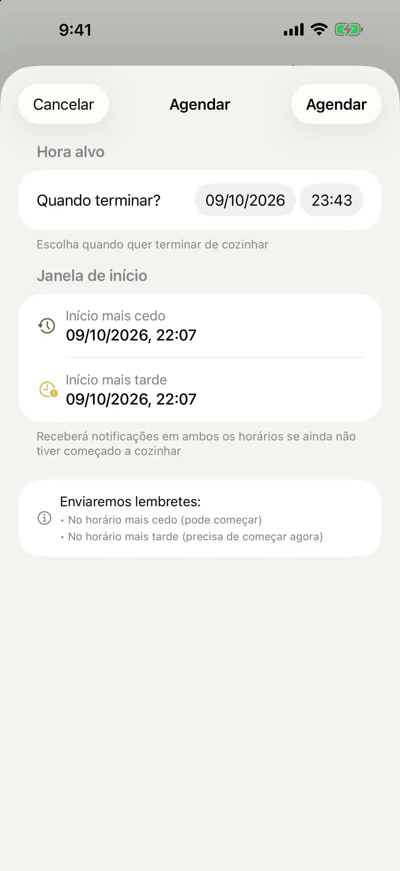 Ecrã de agendamento com hora pretendida e intervalo de início