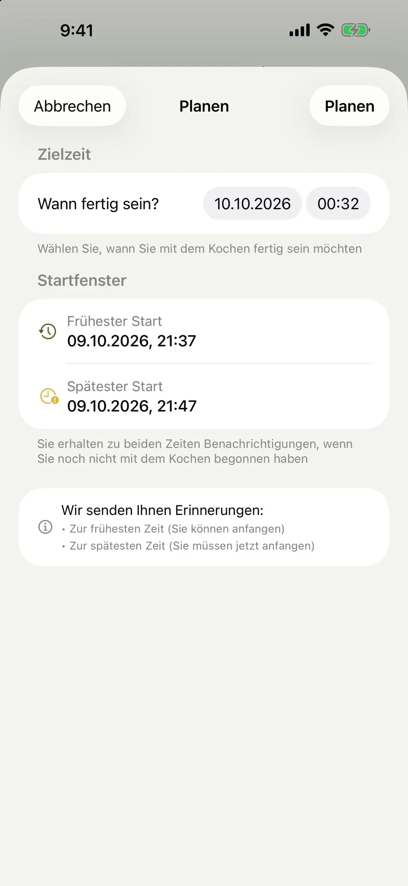 Planungsansicht mit Zielzeit und Startfenster