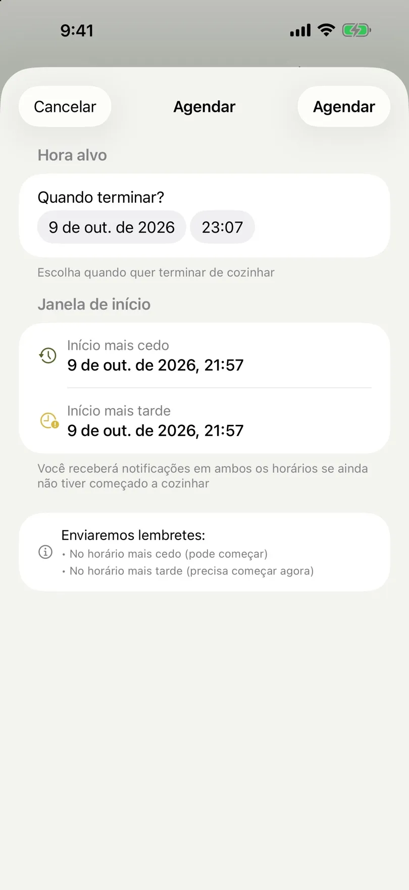 Tela de agendamento com horário desejado e janela de início