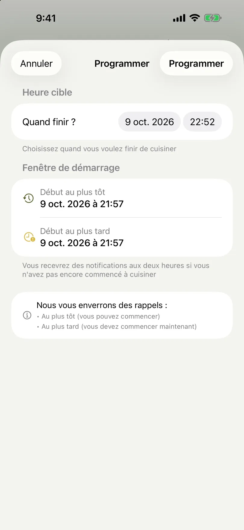 Écran de programmation avec heure cible et créneau de départ