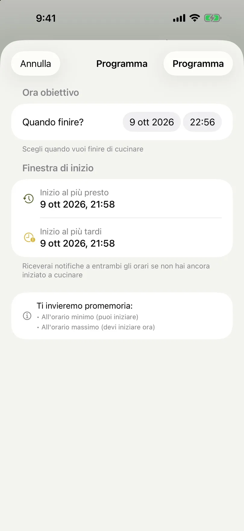 Schermata di programmazione con orario obiettivo e finestra di inizio