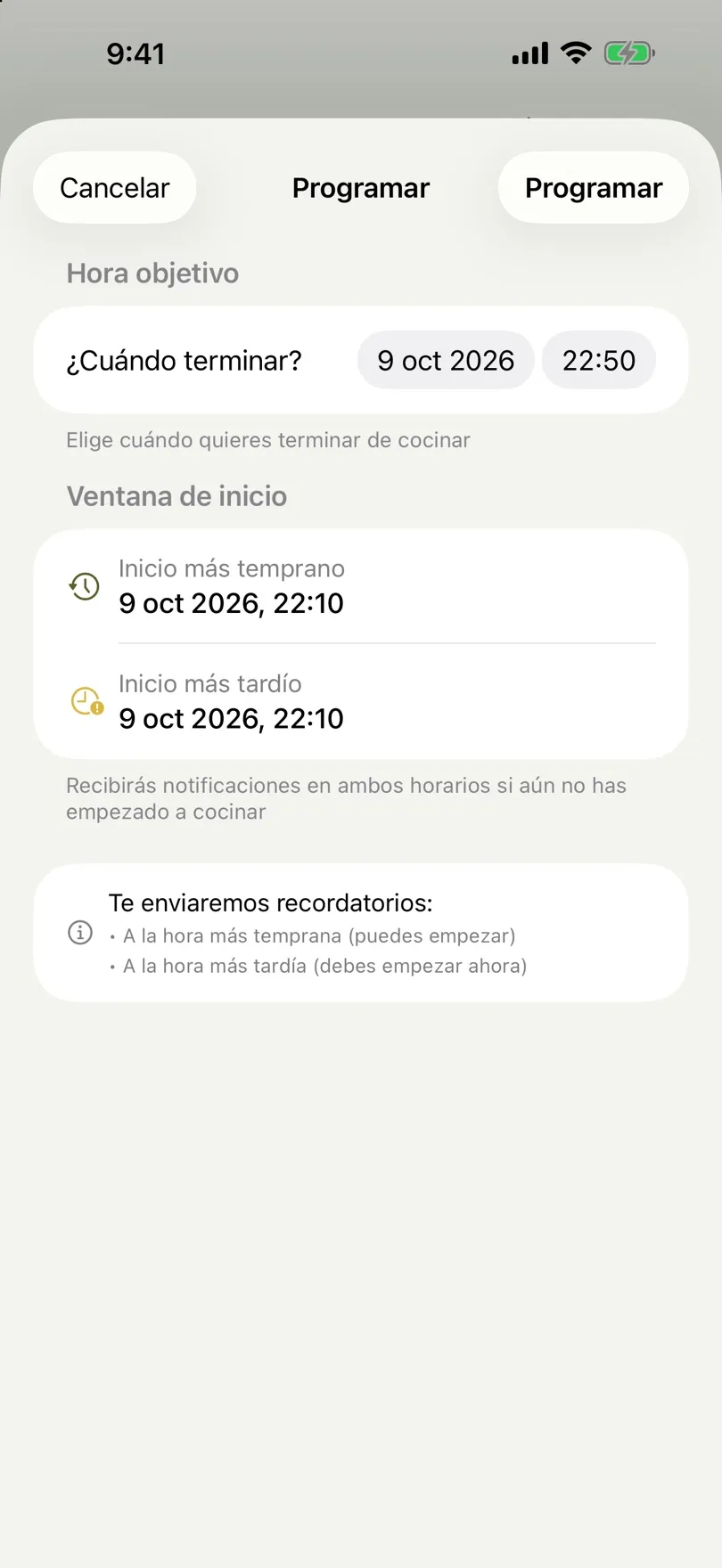 Pantalla de programación con hora objetivo y margen de inicio