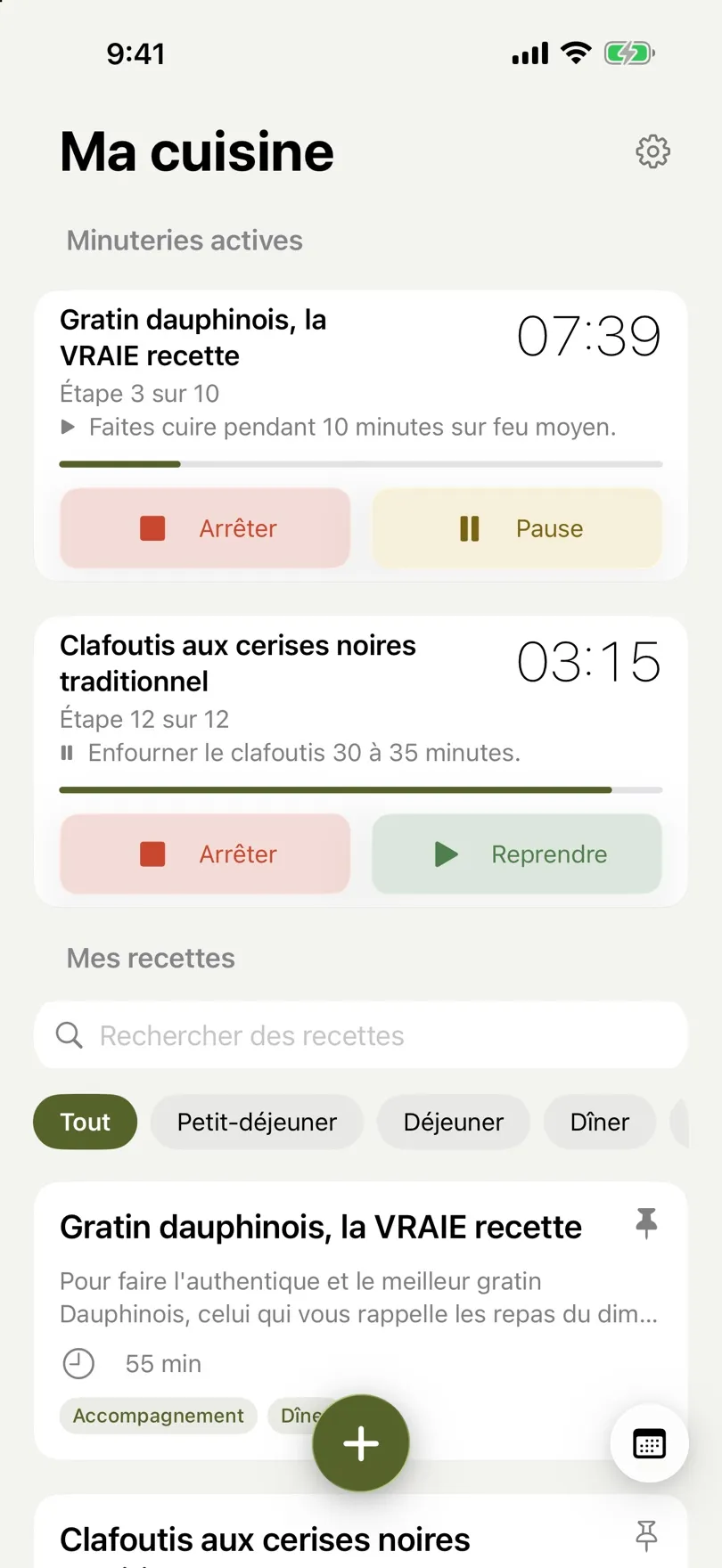 Deux recettes en cours, chacune avec son propre minuteur